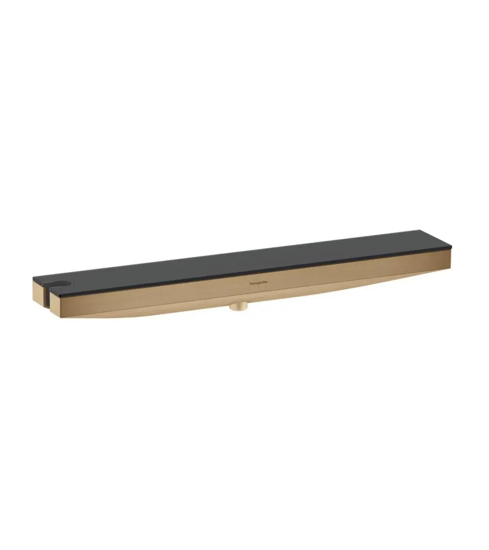 Ein Produkt von Hansgrohe, das einen Wandanschluss mit Brausehalter und Duschablage zeigt. Die Oberfläche hat eine brushed bronze Farbe und eine schlichte, lange Form.